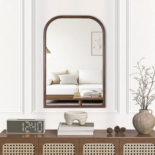 20"x30" Arch Wall Mirror Bathroom Mirror for Wall Mounted, Tempered Glass, Wood Grain Finish Frame Wall Mirror Decorative for Bedroom Living Room Entryway, Rustic Brown