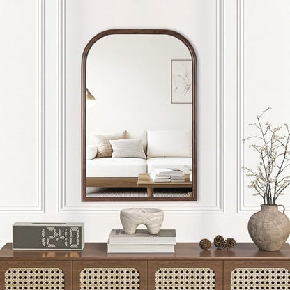 20"x30" Arch Wall Mirror Bathroom Mirror for Wall Mounted, Tempered Glass, Wood Grain Finish Frame Wall Mirror Decorative for Bedroom Living Room Entryway, Rustic Brown