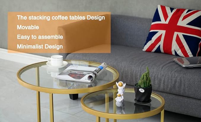 Round Nesting Coffee Table Gold Set of 2 for Living Room, Modern Side Tables with Sturdy Metal Frame and Tempered Glass.Minimalist End Table,Cocktail Table for Dining Room,Home Decor