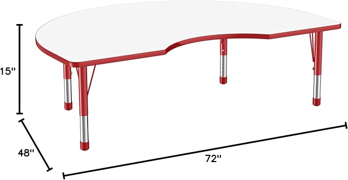 FDP Dry-Erase Kidney Activity School and Classroom Kids Table (48 x 72 inch), Chunky Toddler Legs for Collaborative Spaces, Adjustable Height 15-24 inches - Whiteboard Top, Red Edge and Red Legs