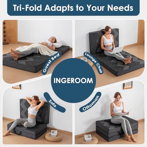 INGEROOM Foldable Mattress Full - Memory Foam 6 inch Trifold Mattress for Camping, with Portable Handle, Non-Slip Folding Floor Bed Sofa for Guest Travel Yoga, Washable Breathable Cover