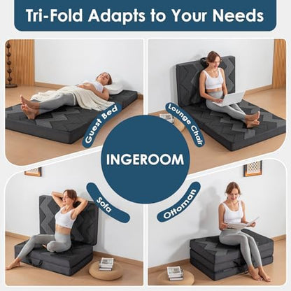 INGEROOM Foldable Mattress Full - Memory Foam 6 inch Trifold Mattress for Camping, with Portable Handle, Non-Slip Folding Floor Bed Sofa for Guest Travel Yoga, Washable Breathable Cover