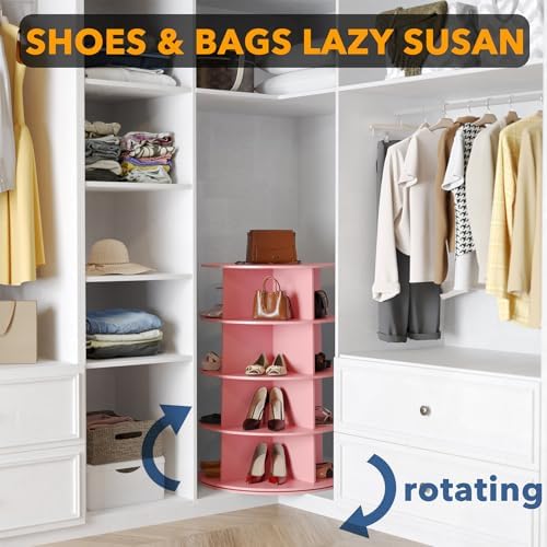 SpaceAid 4 Tier Rotating Shoe Rack Tower, Spinning Shoe Display Lazy Susan, Revolving 360 Shoe Rack Storage Round Carousel, Vertical Handbag Rotate Shoes Closet Organization (4-Tier Pink)