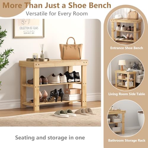 NEWBULIG Shoe Rack Bench, 3-Tier Bamboo Organizer, 11x28x18in, Wood