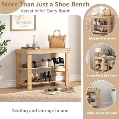NEWBULIG Shoe Rack Bench, 3-Tier Bamboo Organizer, 11x28x18in, Wood