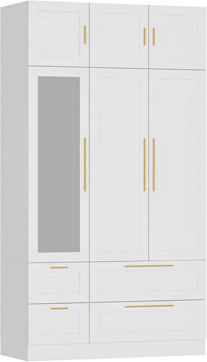 47" Almirah for Clothes, Tall Storage Wardrobe Closet Cabinet, Wardrobe with Drawers, Clothes Closet with Metal Hanging Rod, Handles, Mirror and Doors for Bedroom, White + Gold