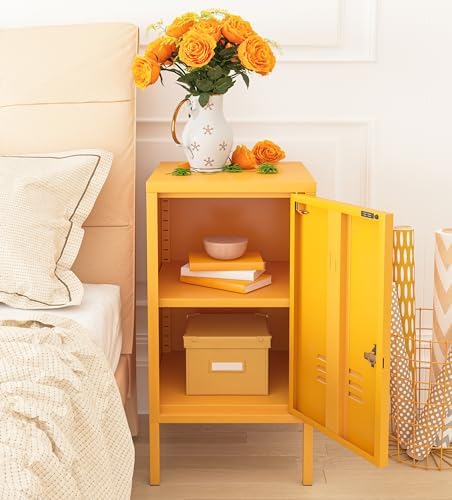 Single Door Coffee Table Lockable Metal Storage Cabinet, 2-Tier Children's Nightstand with Adjustable Shelf, Easy Assembly Side Table for Home, Office, Entryway & Hallway Yellow
