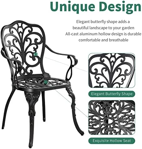 3 Piece Patio Bistro Set Cast Aluminum Bistro Table and Chairs Set of 2 with Umbrella Hole,All Weather Metal Bistro Table Set,Outdoor Patio Furniture Set for Garden(Butterfly Black)