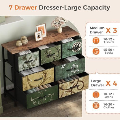 Sweetcrispy 7 Drawer Dresser for Bedroom Storage, Fabric Bins, Floral Print