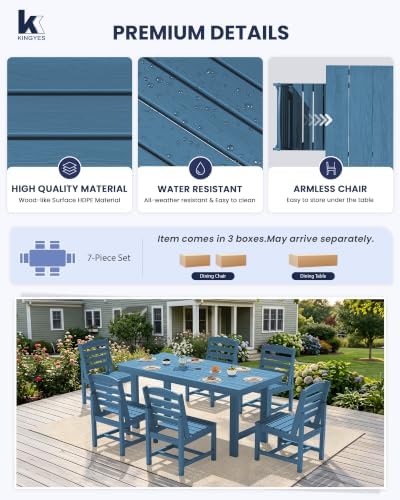 KINGYES 7-Piece Patio Dining Set, HDPE Table Armless Chairs Furniture Blue