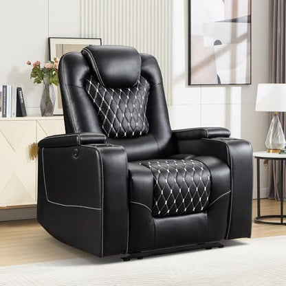 ANJ Faux Leather Power Recliner with USB & Cup Holders, Black