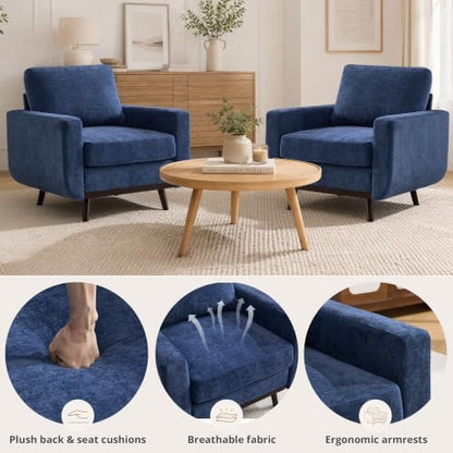 Accent Chair for Bedroom,Reading Chair with Deep Seat,Chenille Armchair with Wood Legs, Comfy Living Room Chairs Single Sofa for Bedroom,Living Room and Apartment(Set of 2,Blue)