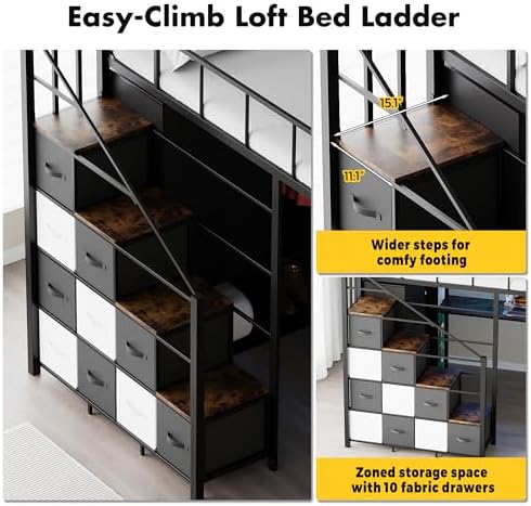 Full Size Loft Bed with Desk, Stairs & LED Light, Black