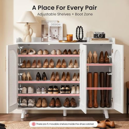 3-Door Shoe Storage Cabinet for Entryway with Rattan Doors, Bright White