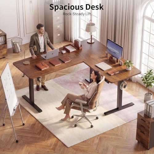 WALKINGDESK 55X45 Inches Reversible L Shaped Standing Desk Height Adjustable with Cup Holder, Electric Corner Computer Desk, Sit Stand up Home Office Desk, Ergonomic Gaming Desk, Black Walnut