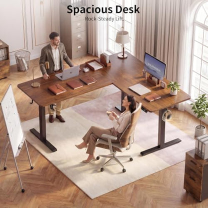WALKINGDESK 55X45 Inches Reversible L Shaped Standing Desk Height Adjustable with Cup Holder, Electric Corner Computer Desk, Sit Stand up Home Office Desk, Ergonomic Gaming Desk, Black Walnut