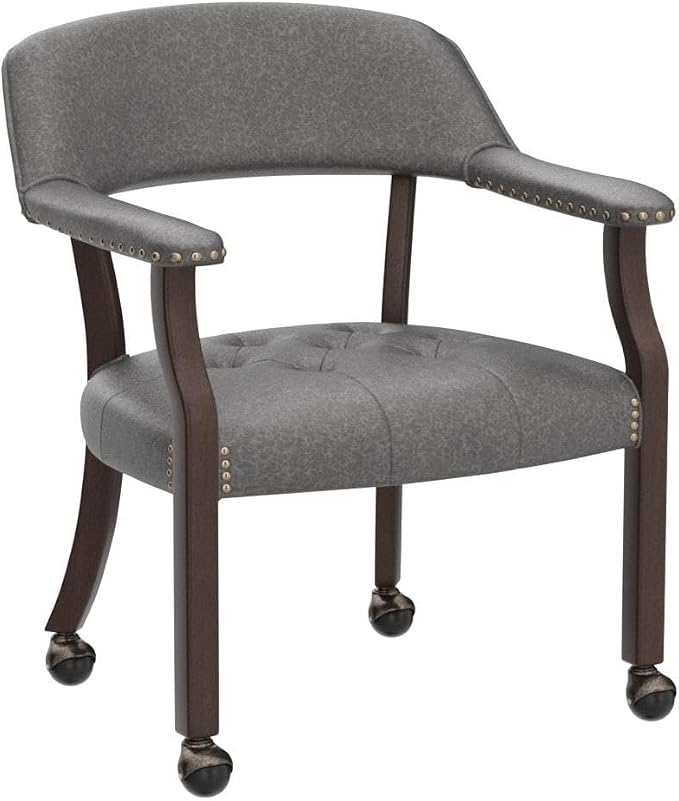 LEEMTORIG Set of 4 Dining Chairs with Casters and Arms, Rolling Dining Chairs with Wheels for Elderly, Ergonomic Wide Seat Wooden Office Chair, 26" Dx25.2 W, Cherry Legs&Dark Grey Fabric SY-1533-GY