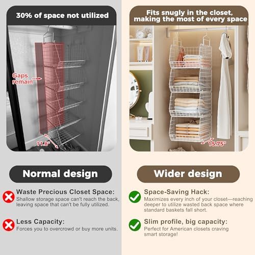 4" Extra Deeper Foldable Hanging Closet Organizer, Small Wire Cabinet Shelves and Storage with 5 S Hooks,4 Tier Metal Basket Bins for Clothes Sweaters Handbags, Wardrobe for Kitchen Laundry Room，White