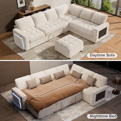 WEUP 7 Seat L Shaped Sectional Sleeper Sofa Bed with Pull Out Bed, Chenille Sectional Sleeper Couch with Ottoman, Adjustable Backrest, USB Ports, LED, Side Table, Tool-Free Assembly, Chenille Beige