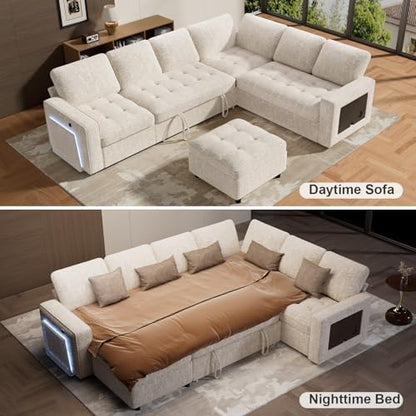 WEUP 7 Seat L Shaped Sectional Sleeper Sofa Bed with Pull Out Bed, Chenille Sectional Sleeper Couch with Ottoman, Adjustable Backrest, USB Ports, LED, Side Table, Tool-Free Assembly, Chenille Beige