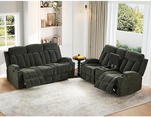 HAOMARKETS 2-Piece Manual Recliner Sofa Set, Included Loveseat 2-Seater with Center Console and 3-Seater Couches, Overstuffed Fabirc Reclining Couches with Cup Holders for Living Room, Green