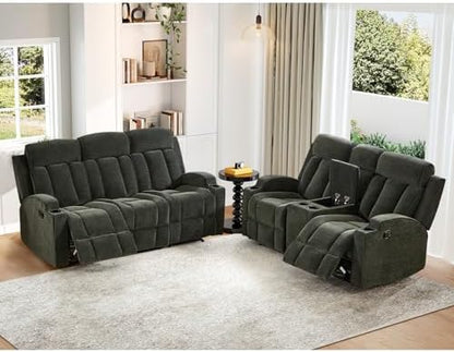 HAOMARKETS 2-Piece Manual Recliner Sofa Set, Included Loveseat 2-Seater with Center Console and 3-Seater Couches, Overstuffed Fabirc Reclining Couches with Cup Holders for Living Room, Green
