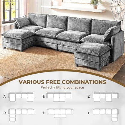 LEVELEVE 146" U-Shape Modular Sofa with 2 Ottomans, Deep Seat Cloud Convertible Sleeper, 2 Arm Pillows, Cozy Large Upholstered Furniture for Living Room Apartment, Dark Grey