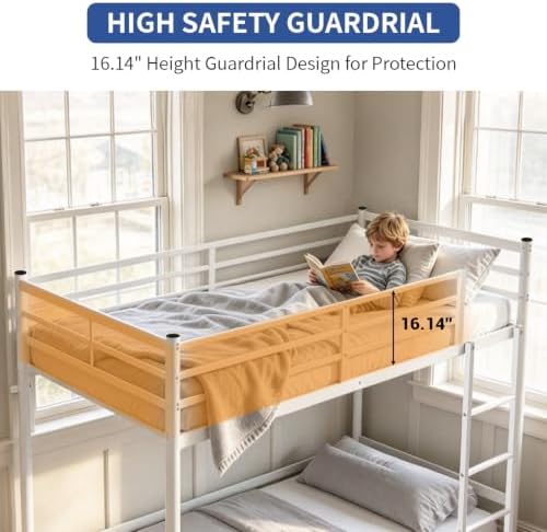 Floor Bunk Bed Twin Over Twin, Metal Twin Size Bed Frame with Ladder & Safety Guardrails for Boys Girls, Space Saving Design, No Box Spring Needed, White