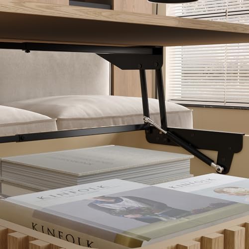 31.5" Square Lift Top Coffee Table with Storage Modern Fluted Coffee Tables with Lifting Top, Farmhouse Solid Wood Center Table with Table Legs for Living Room, Apartment or Office (Natural)
