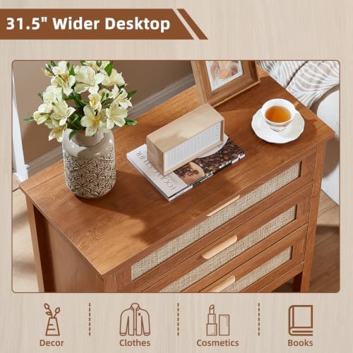 LEYAOYAO 31.5" Wide Rattan Nightstand, Large Boho 3 Drawer Night Stand