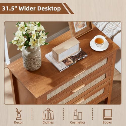 LEYAOYAO 31.5" Wide Rattan Nightstand, Large Boho 3 Drawer Night Stand