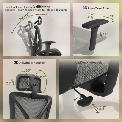 ELABEST Ergonomic Office Chair with 3D Headrest, T23 High Back Mesh Desk Chair with Adjustment Lumbar Support & 3D Armrests, Chair, Big and Tall Swivel Computer Chair for Home Office, Gaming