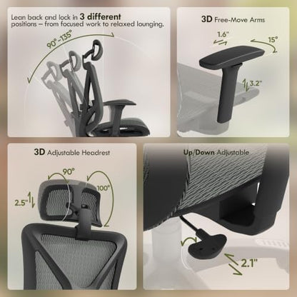 ELABEST Ergonomic Office Chair with 3D Headrest, T23 High Back Mesh Desk Chair with Adjustment Lumbar Support & 3D Armrests, Chair, Big and Tall Swivel Computer Chair for Home Office, Gaming