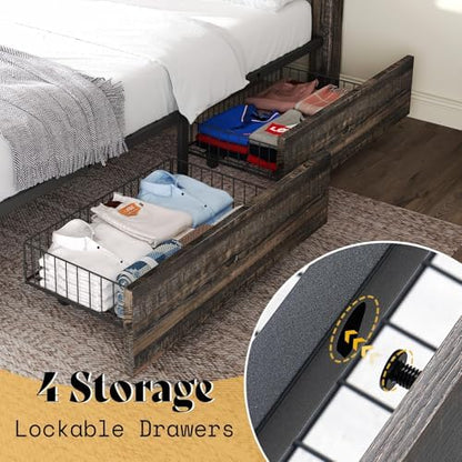 AMERLIFE Full Size Farmhouse Bed Frame with 4 Drawers & Barn Door Headboard