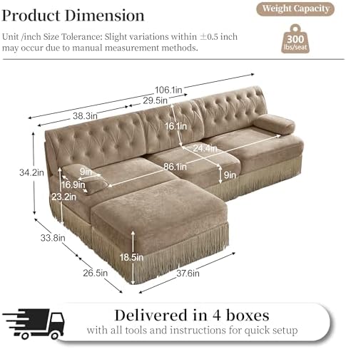 106" L-Shaped Velvet Chesterfield Style Modular Sectional Sofa, Oversized Button Tufted 3-Seater Couch with 1 Ottoman & Floor-grazing Tassel Fringe Skirt, Easy Assembly, for Living Room, Camel