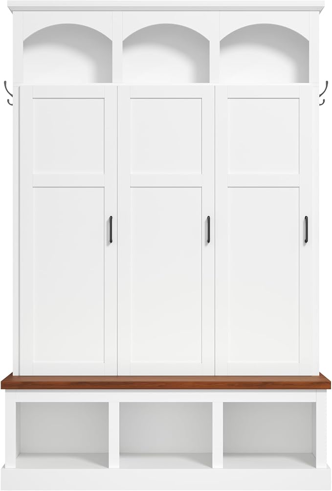 Merax Classic Arched Hall Tree with 3 Hidden Storage, Farmhouse Mudroom Bench with 5 Hooks, Mid-Century Entryway Organizer for Shoes, White