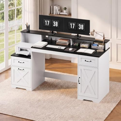 YOUDENOVA 63 Inch Farmhouse Computer Desk with Drawers & Power Outlets, Large Desk with Monitor Stand & Printer Shelf, Modern Office Desk Workstation with File Cabinet for Home Office, Black & White