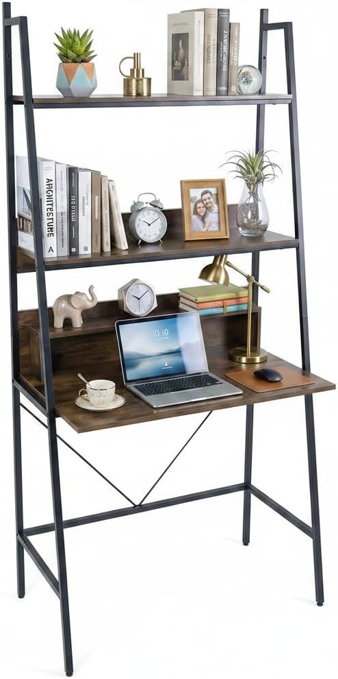 Tangkula 3-Tier Ladder Computer Desk, 71 Inch Modern Writing Desk with Storage Shelves, PC Laptop Workstation, Ladder Bookcase Stand Shelf with Metal Frame, Study Shelf Desk for Home Office (Brown)