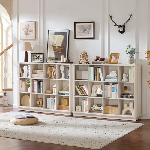 Joaxswe 12 Cube Storage Organizer, 41" Large Bookshelf with Curved Edge, Wood Floor Standing 3-Tier Cubby Bookcase w/Base, Modern Display Storage Cabinet for Living Room, Office, Gray-White Cream Oak