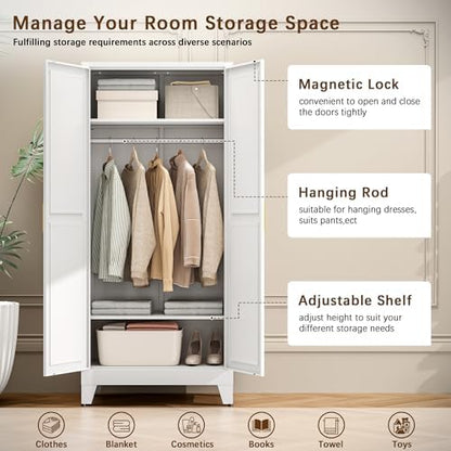 71" Metal Armoire Wardrobe Closet with Hanging Rod, White-X 2 Shelves