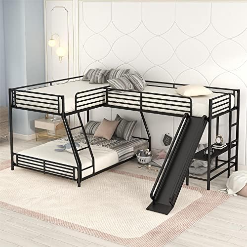 L-Shaped Twin Over Full Bunk Bed with Twin Size Loft Bed,Built-in Desk and Slide,Black