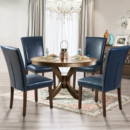 MALOL High Back Dining Chairs Set of 4, Leather Dining Room Chair with Wood Legs and Nailhead Trim, Modern Padded Kitchen Chairs for Dining Room/Restaurant, Blue
