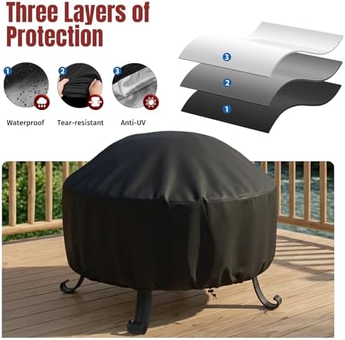 SHINESTAR Fire Pit Cover Round 36 In, Outdoor Fire Pit Cover for 30-36 Inches Fire Pits, Windproof Drawstring & Waterproof Layer, Black