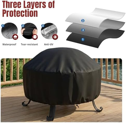 SHINESTAR Fire Pit Cover Round 36 In, Outdoor Fire Pit Cover for 30-36 Inches Fire Pits, Windproof Drawstring & Waterproof Layer, Black