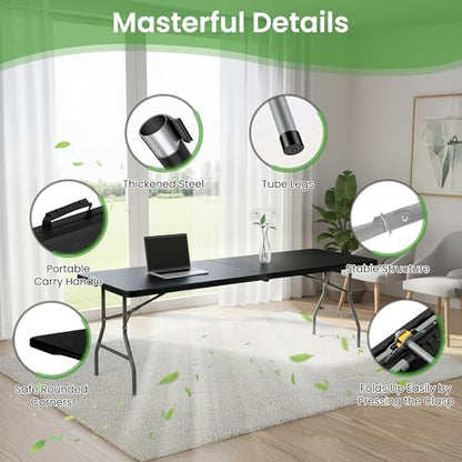 8FT Black Plastic Folding Table, Fold-in-Half with Carry Handle