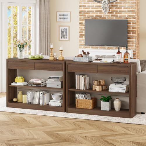 FATORRI Console Table with 2 Drawers, 43.3 Inch Farmhouse Narrow Entryway Table with Storage Shelves, Rustic Sofa Tables Behind the Couch for Hallway, Living Room, Foyer (Dark Walnut)
