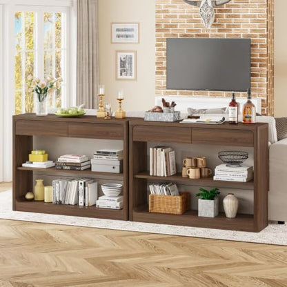 FATORRI Console Table with 2 Drawers, 43.3 Inch Farmhouse Narrow Entryway Table with Storage Shelves, Rustic Sofa Tables Behind the Couch for Hallway, Living Room, Foyer (Dark Walnut)
