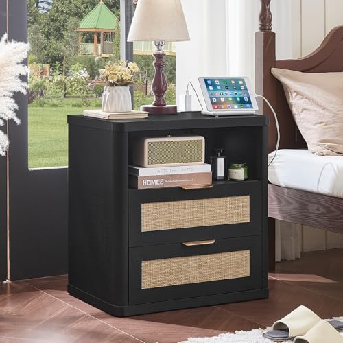 LEYAOYAO Rattan 23" Nightstands Set 2 with Charger Station 2 Drawers