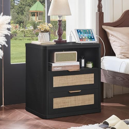 LEYAOYAO Rattan 23" Nightstands Set 2 with Charger Station 2 Drawers