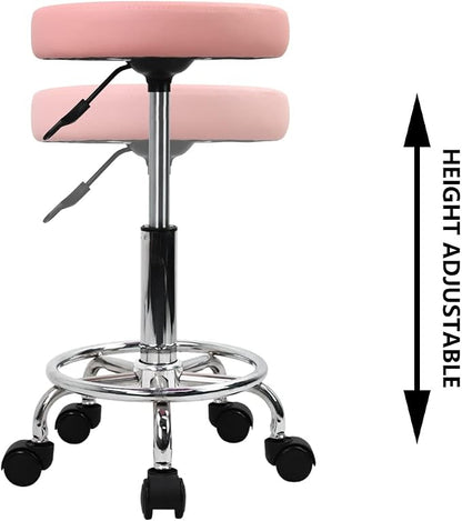 KKTONER PU Leather Round Rolling Stool with Foot Rest Swivel Height Adjustment Spa Drafting Salon Tattoo Work Office Massage Stools Task Chair (Pink)